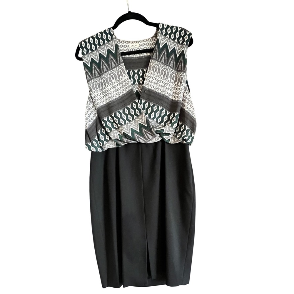 L'AGENCE Sleeveless Sheath Dress Green Gray White Pattern Size 10 Career